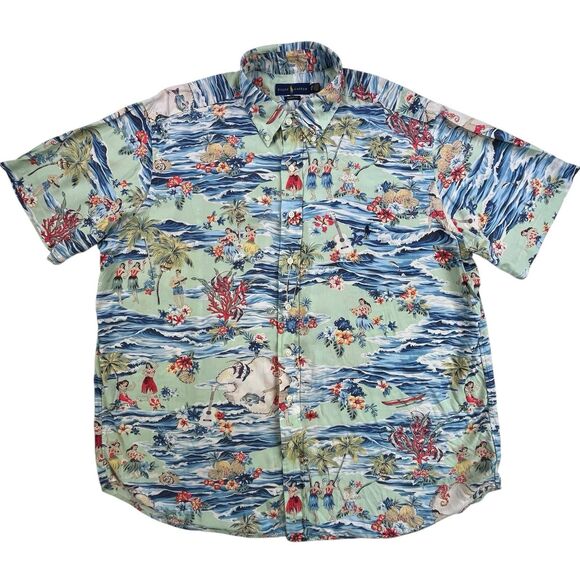 Polo Ralph Lauren Hawaiian Shirt 1XB Hula Girl Palm Tree Ukulele Beach Viscose - Picture 2 of 11
